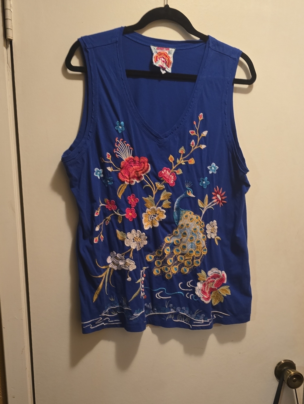Johnny Was Royal Blue Embroidered Peacock V-Neck Tank
